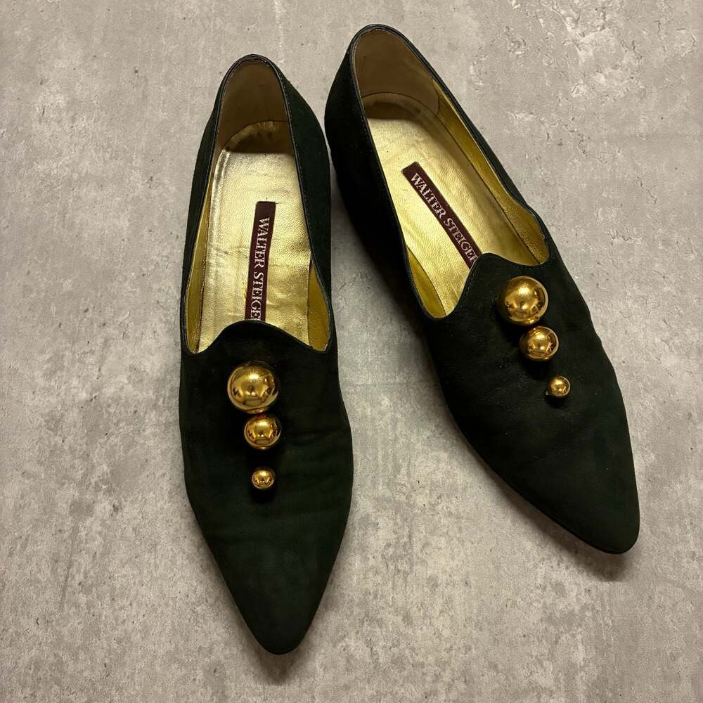 VTG Walter Steiger Forest Green Suede Pointed Toe Loafers Golden Balls sz 37.5